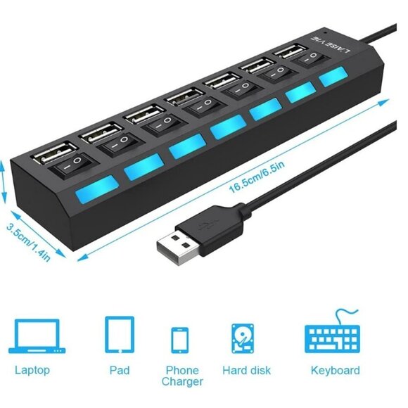 7 Port USB 2.0 Hub, USB Port‎ Data Hub with On/Off Switches Very Good Condition - Picture 2 of 6